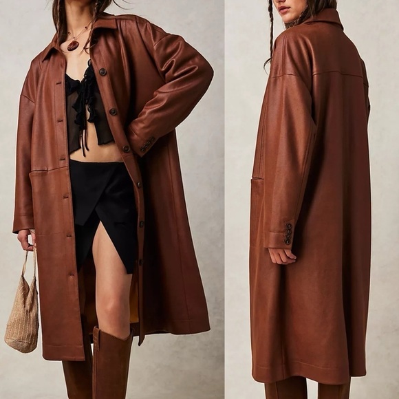 Free People Carmen Brown Vegan Suede Duster Trench Coat SIZE LARGE - Picture 1 of 10